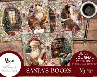 Santa&#39;s Books Christmas Junk Journal, Reading Log, Wish List, PRINTABLE, beautiful images of Santa reading his favorite books in his library