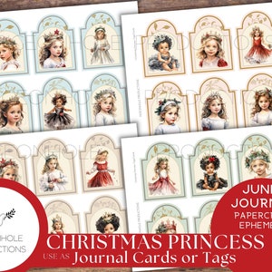 Cartes et étiquettes de journal de Noël princesse, imprimables, 24 cartes/étiquettes, belles images de petites filles douces, cartes de journal ou étiquettes cadeaux