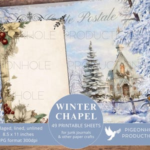 Winter Chapel Junk Journal Kit, alleen PAGINA'S, AFDRUKBAAR, 49 pagina's collaged en ongevoerd dagboekpapier, goed voor 98 dagboekpagina's van 5,5 x 8 inch