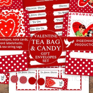 May include: A set of 20 Valentine's Day gift envelopes with a red and white polka dot pattern. The envelopes are decorated with hearts, tea bags, and candy. The text "Valentine Tea Bag & Candy Gift Envelopes Set" is printed on the front of the envelopes.