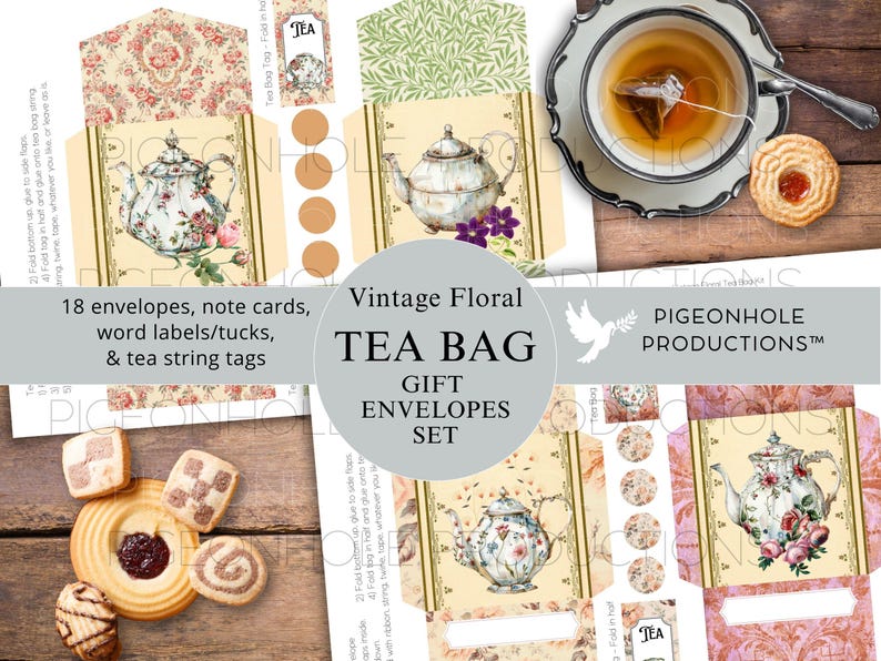 Op de afbeelding: Printbare theepakketjes-geschenkenvelopset met vintage bloemenontwerpen. De set bevat 18 enveloppen, kaartjes, woordlabels en thee-snoerlabels. De enveloppen hebben een theepot met bloemmotieven en de tekst "Vintage Floral Tea Bag Gift Envelopes Set" en "Pigeonhole Productions".