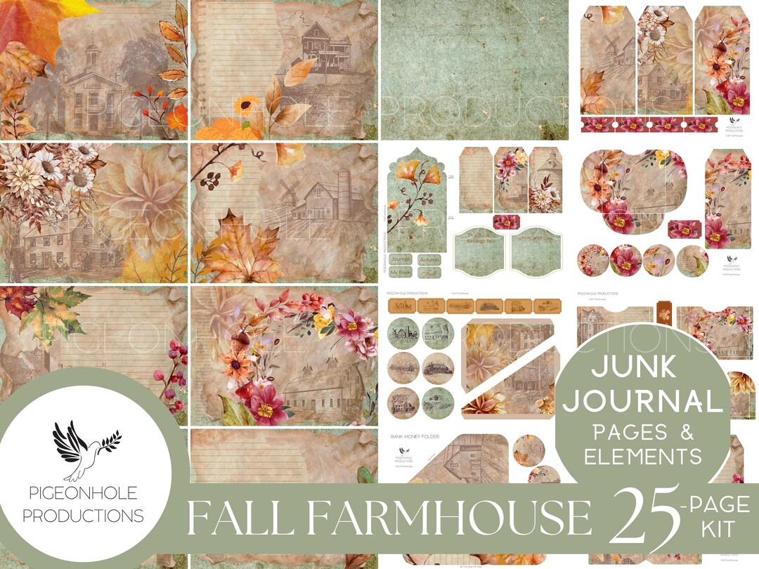Fall Farmhouse Junk Journal Kit, PRINTABLE— 25 Pages, Backgrounds ...