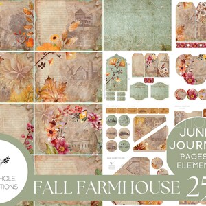 Kit de journal indésirable pour la ferme d'automne, imprimable : 25 pages, arrière-plans, éléments : belles gravures de ferme vintage et illustrations florales