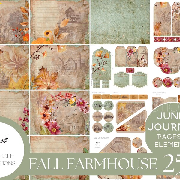 Fall Farmhouse Junk Journal Kit, PRINTABLE— 25 pages, backgrounds, elements—beautiful vintage farmhouse etchings and floral illustrations