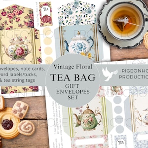 Op de afbeelding: Vintage bloemen thee zakje cadeau enveloppen set. De set bevat 18 enveloppen, notitiekaarten, woordlabels en thee touwtje labels. De enveloppen tonen verschillende theepotten met bloemmotieven.