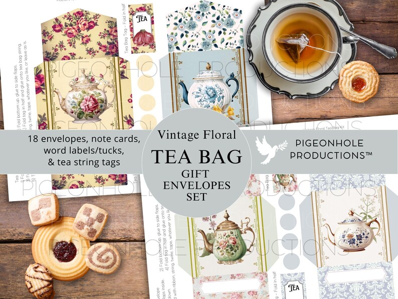 Op de afbeelding: Vintage bloemen thee zakje cadeau enveloppen set. De set bevat 18 enveloppen, notitiekaarten, woordlabels en thee touwtje labels. De enveloppen tonen verschillende theepotten met bloemmotieven.