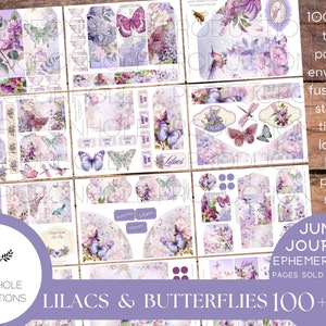 Diario basura Lilacs & Butterflies EPHEMERA, IMPRIMIBLE, más de 100 etiquetas, pliegues, bolsillos, sobres, recortes minuciosos, pegatinas, tickets, etiquetas, SHABBY