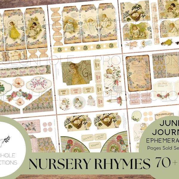 Nursery Rhymes Junk Journal EPHEMERA, PRINTABLE, 70+ tags, tucks, pockets, envelopes, fussy cuts, stickers, tickets, labels, more!