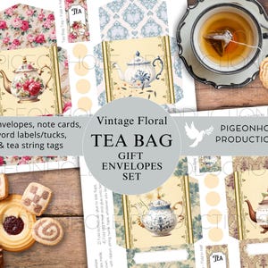Op de afbeelding: Printbare vintage bloemige theezakjes cadeau-enveloppenset. De set bevat 18 enveloppen, kaartjes, woordlabels en thee-touwtjes. De enveloppen tonen verschillende theepotten met bloemmotieven.