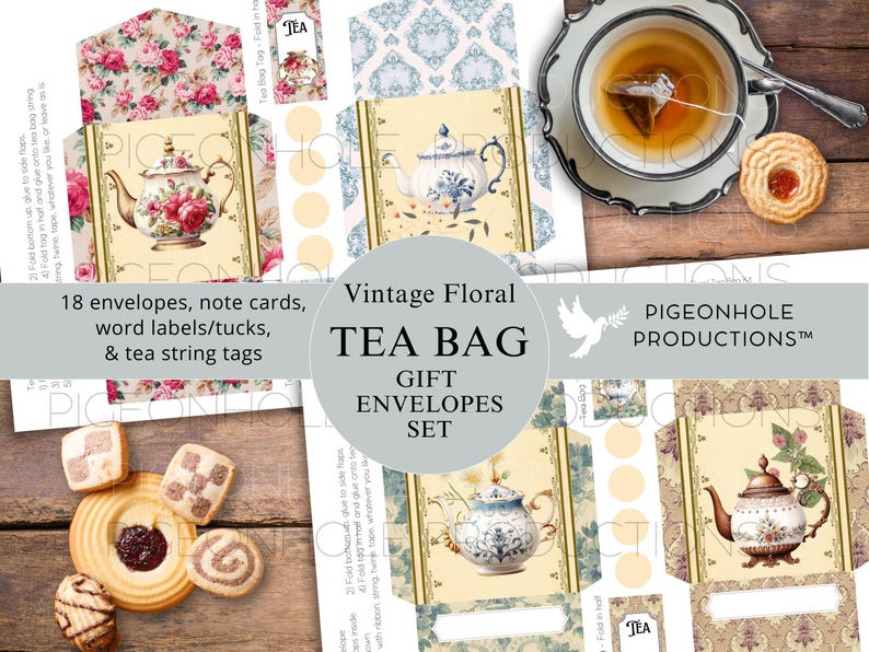 Op de afbeelding: Printbare vintage bloemige theezakjes cadeau-enveloppenset. De set bevat 18 enveloppen, kaartjes, woordlabels en thee-touwtjes. De enveloppen tonen verschillende theepotten met bloemmotieven.