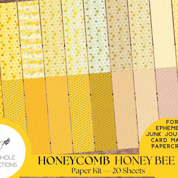Honeycomb & Honey Bee Paper Kit—PRINTABLE—20 sheets—junk journals, collage, other papercrafts—great for ephemera bases—various gold colors