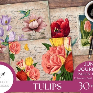 Kit solo pagine di diario spazzatura Tulipani, STAMPABILE, 30 collage, fogli foderati e sfoderati, tulipani, api mellifere, libellule, coccinelle, colibrì