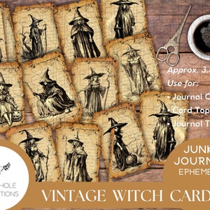 cartes de journal vintage Witch Junk, imprimables, 12 cartes pour cartes de journal, décorations de cartes de voeux, décorations de journaux, cartes à collectionner d'artistes (ATC)