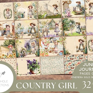 Kit de pages uniquement pour le journal indésirable Country Girl, imprimable, 32 feuilles collage, lignées et non doublées, filles douces, fleurs, animaux, insectes, scènes de campagne