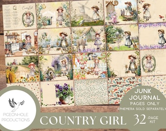 Country Girl Junk Journal Pages Only Kit, PRINTABLE, 32 collage, lined & unlined sheets, sweet girls, flowers, animals, bugs, country scenes