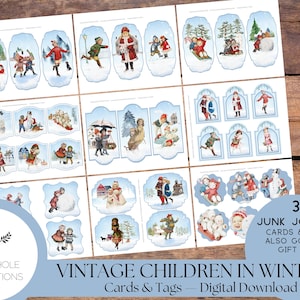 Cartões e etiquetas de diário vintage para crianças no inverno - IMPRIMÍVEIS - 38 cartões em uma variedade de formatos bonitos - crianças doces aproveitando o inverno
