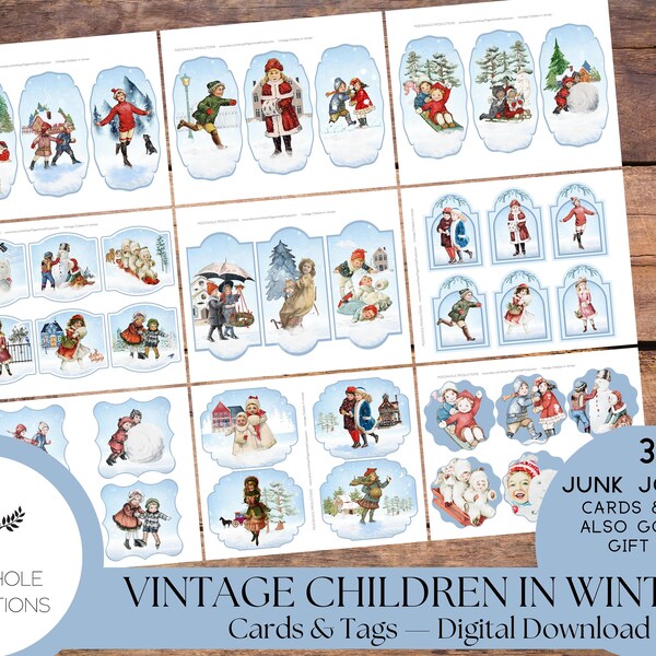 Vintage Children In Winter Junk Journal Cards & Tags—PRINTABLE—38 cards in a variety of pretty shapes—sweet children enjoying winter
