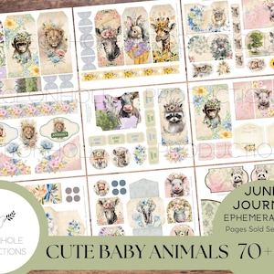 Cute Baby Animals Junk Journal EPHEMERA, IMPRIMIBLE, más de 70 etiquetas, pliegues, bolsillos, sobres, cortes exigentes, pegatinas, boletos, etiquetas, ex libris