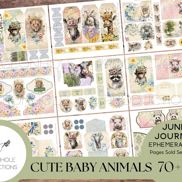 Cute Baby Animals Junk Journal EPHEMERA, PRINTABLE, 70+ tags, tucks, pockets, envelopes, fussy cuts, stickers, tickets, labels, bookplates