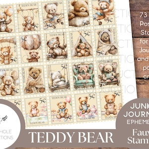 Sellos postales falsos de osito de peluche (IMPRIMIBLES): Úselos en diarios basura, planificadores, álbumes de recortes, collages o imprímalos en papel adhesivo para calcomanías.