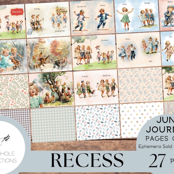 Recess Junk Journal Pages Only Kit, PRINTABLE, 27 collage, lined, unlined sheets showing sweet children 1950s style playing happily together