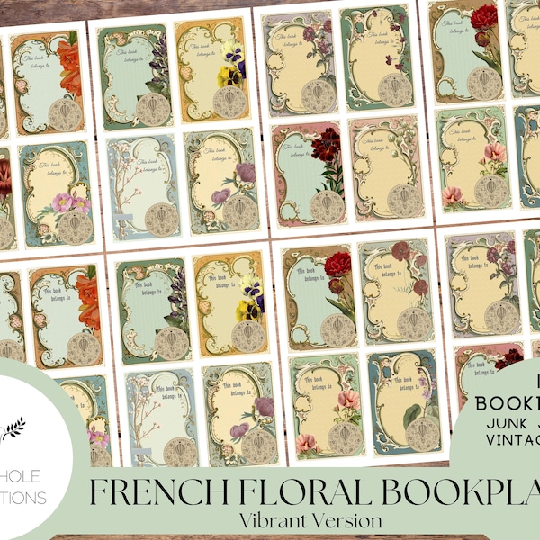 Vintage French Floral Bookplates—PRINTABLE—32 Ex Libris labels—vibrant color version—16 different bookplates in 2 different fonts