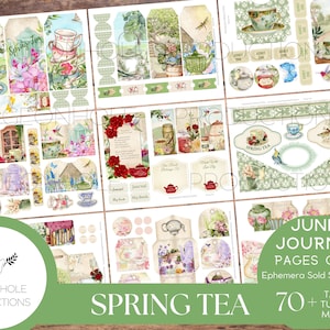 Spring Tea Junk Journal EFÊMERA, IMPRIMÍVEL, mais de 70 etiquetas, dobras, bolsos, envelopes, cortes complicados, adesivos, ingressos, etiquetas e muito mais!