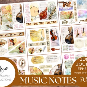 Muzieknoten Junk Journal Ephemera, AFDRUKBAAR, 70+ tags met muziekthema, etuis, zakken, enveloppen, stickers, kieskeurige sneden, ex-libris, meer