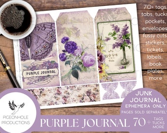 Purple Junk Journal EPHEMERA, PRINTABLE, 70+ tags, tucks, pockets, envelopes, fussy cuts, stickers, tickets, labels, bookplates, SHABBY