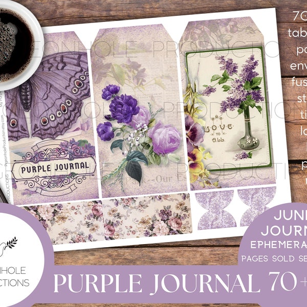 Purple Junk Journal EPHEMERA, PRINTABLE, 70+ tags, tucks, pockets, envelopes, fussy cuts, stickers, tickets, labels, bookplates, SHABBY