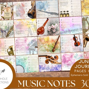 Music Notes Junk Journal Pages Kit, PRINTBAAR, 30 vellen dagboekpagina's, muziekinstrument thema, bloemen, klassieke poëzie & opbeurende citaten