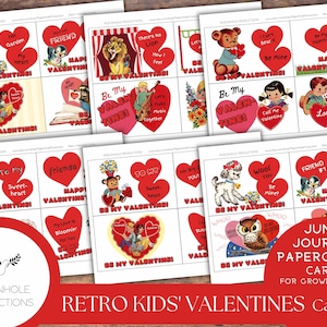 Cartões retrô de dia dos namorados - IMPRIMÍVEIS - 24 cartões - diários indesejados, artesanato em papel, confecção de cartões - para crianças e adultos - bolsa retrô para cartão de dia dos namorados incluída