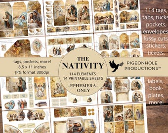 Nativity Junk Journal EPHEMERA, PRINTABLE, 100+ Christmas tags, tucks, envelopes, stickers, fussy cuts, bookplates, pockets, more!