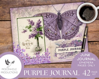 Purple Junk Journal Pages, PRINTABLE, 42 decorative, background, backing and lined journal sheets in lavender, lilac, purple & violet SHABBY