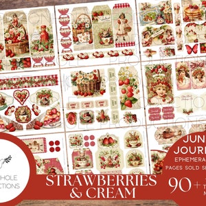 Journal éphémère fraises et crème, imprimable, 95 étiquettes, plis, pochettes, enveloppes, éléments simples, autocollants, billets, étiquettes, ex-libris