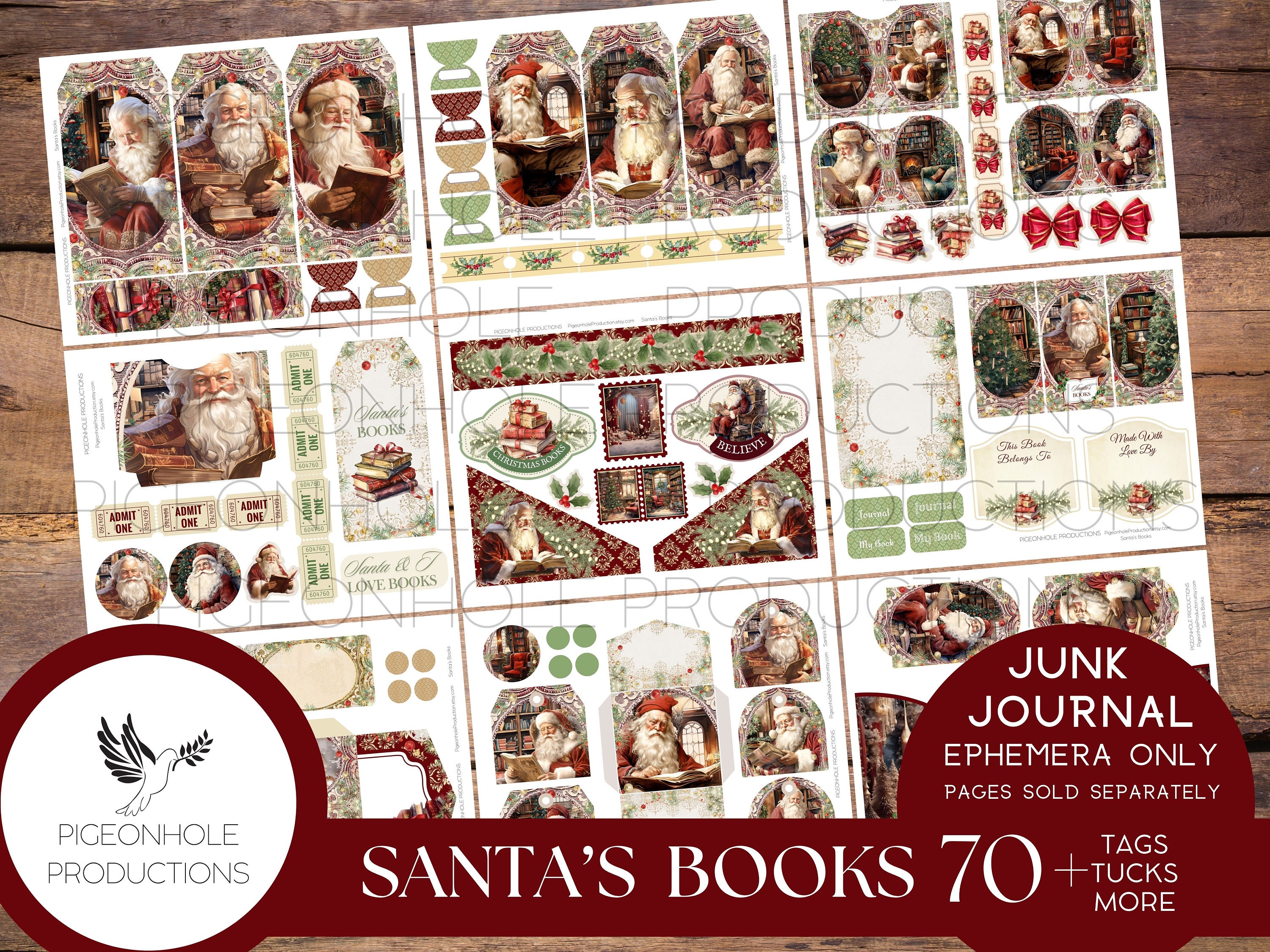 Santa's Books Christmas Junk Journal EPHEMERA, PRINTABLE, 70+ tags, tucks, pockets, envelopes, fussy cuts, stickers, tickets, labels, more!