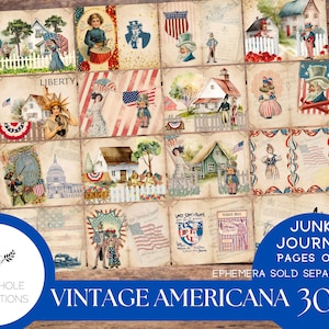Pagine di diario vintage Americana Junk, STAMPABILI, 30 fogli con immagini patriottiche vintage, per diari, album, creazione di biglietti e altro ancora, buon divertimento!