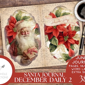 Santa December Daily 2 Junk Journal Kit, AFDRUKBAAR, 38 vellen, inclusief kerstpagina's, datumnummers, woordlabels, prachtige kerstmanafbeeldingen!