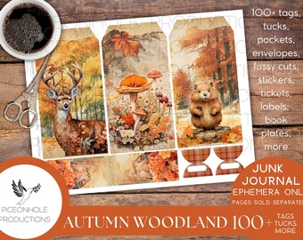 Autumn Woodland Junk Journal EPHEMERA, PRINTABLE, 100+ autumn/fall tags, tucks, envelopes, stickers, fussy cuts, bookplates, pockets, more!
