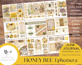 Honey Bee Junk Journal EPHEMERA—PRINTABLE—70+ tags, tucks, pockets, envelopes, fussy cuts, stickers, tickets, labels, bookplates—sweet!