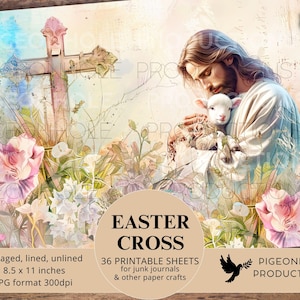 Kit di diario di Pasqua con croce, pagine e carte, STAMPABILE, 36 fogli di diario collage, a righe e non a righe raffiguranti la croce cristiana, grazioso