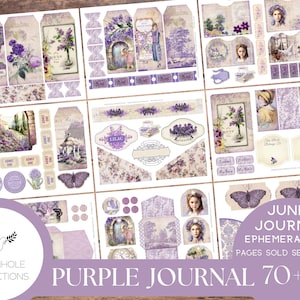 "Lila Junk Journal EPHEMERA, DRUCKBAR, 70+ Tags, Biesen, Taschen, Umschläge, wählerische Schnitte, Aufkleber, Tickets, Etiketten, Exlibris, Schäbig."