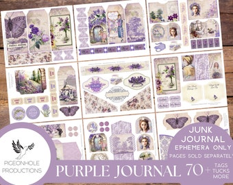 Purple Junk Journal EPHEMERA, PRINTABLE, 70+ tags, tucks, pockets, envelopes, fussy cuts, stickers, tickets, labels, bookplates, SHABBY