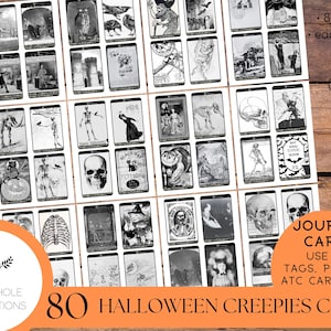 80 Halloween Creepies Journal Cards, PRINTABLE, nothing sweet, just spooky & creepy, for junk journal cards, tags, pockets, other ephemera