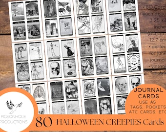 80 Halloween Creepies Journal Cards, PRINTABLE, nothing sweet, just spooky & creepy, for junk journal cards, tags, pockets, other ephemera