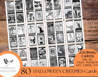 80 Halloween Creepies Journal Cards, PRINTABLE, nothing sweet, just spooky & creepy, for junk journal cards, tags, pockets, other ephemera