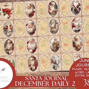 Santa December Daily 2 Junk Journal Kit, PRINTBAAR, 38 vellen, inclusief kerstpagina's, datumnummers, woordlabels, prachtige Santa-afbeeldingen!