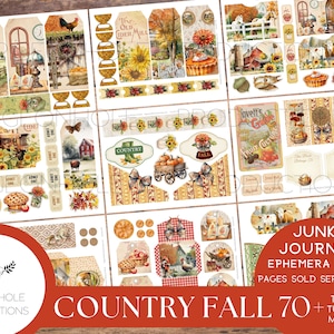May include: A digital collage sheet with a country fall theme. The sheet includes images of pumpkins, fall leaves, a farmhouse, a cider mill, and other fall-themed elements. The sheet is perfect for scrapbooking, card making, and other paper crafts.