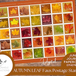 Selos postais falsos de folhas de outono, IMPRIMÍVEIS, para uso em diários indesejados, planejadores, scrapbooking, colagem ou impressão em papel adesivo para adesivos