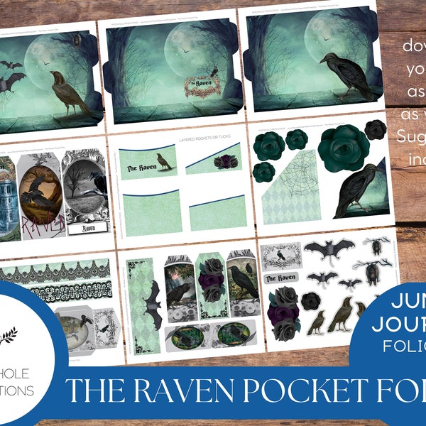The Raven Pocket Folio—PRINTABLE—Halloween Goth—holds junk journal ephemera—assemble as you like—suggestions included for inspiration
